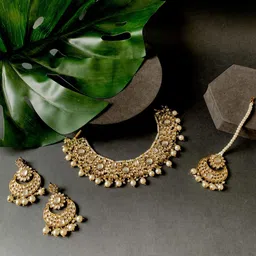 I Jewels Gold-Plated Kundan Studded & Beads Beaded Necklace With Earrings & Maang Tika-image-73