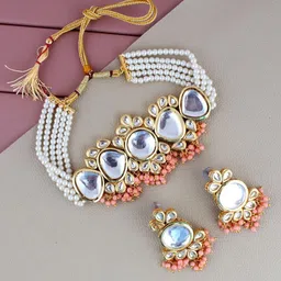 LUCKY JEWELLERY Gold-Plated White Kundan-Studded & Peach Beaded Jewellery Set-picture-17