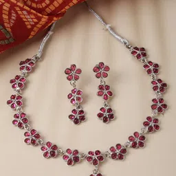 ZENEME Rhodium-Plated Flower American Diamond Studded Necklace with Earrings Jewellery Set-picture-23