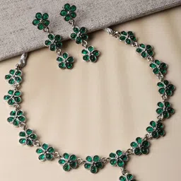 ZENEME Rhodium-Plated Flower American Diamond Studded Necklace with Earring Jewellery Set-picture-18
