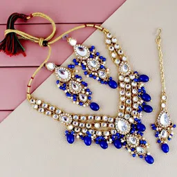 LUCKY JEWELLERY Gold-Plated Kundan-Studded & Beaded Jewellery Set-image-74