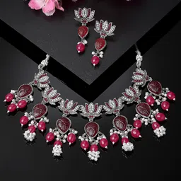 ADIVA Silver-Plated Floral Shaped Oxidised Necklace And Earrings-image-19