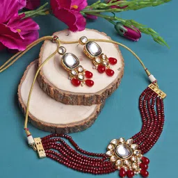 Runjhun Gold-Plated Maroon Red Kundan-Studded & Beaded Jewellery Set-picture-15