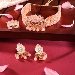 Zaveri Pearls Orange & Peach Meenakari Lotus Crystal Choker Necklace Earring & Ring Set-picture-44