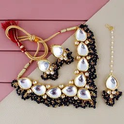 LUCKY JEWELLERY Gold-Plated Kundan-Studded & Beaded Jewellery Set-picture-14