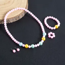 Golden Peacock Girls Pink Beaded Handcrafted Jewellery Set-picture-31