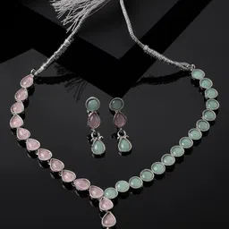 ZENEME Rhodium-Plated AD Studded Necklace with Earring Jewellery Set-picture-40