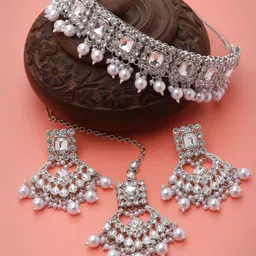 Sukkhi Rhodium-Plated Kundan-Studded Necklace With Earrings And Maang Tika-picture-10