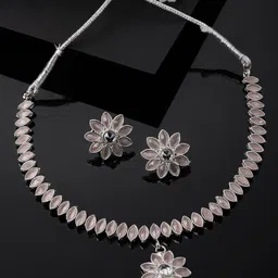 ZENEME Rhodium-Plated Flower & Leaf Pink AD Studded Necklace Earrings Jewellery Set-picture-19