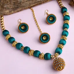 AKSHARA Women Green Stone-Studded Wooden Balls Silk Thread Jewelry Set-image-11
