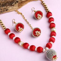 AKSHARA Gold-Plated Red & White Stone-Studded & Beaded Jewellery Set-picture-13
