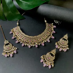 I Jewels Gold-Plated Kundan Stones Studded & Beaded Necklace & Earrings & Maang Tikka-picture-29