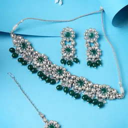 Sukkhi Rhodium-Plated Silver-Toned Stone-Studded & Beaded Jewellery Set-picture-37