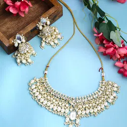 Yellow Chimes Gold-Plated Kundan-Studded & Beaded Necklace & Earrings-picture-29
