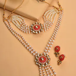 SOHI Gold-Plated Pearl-Studded Necklace & Earrings Set-picture-27