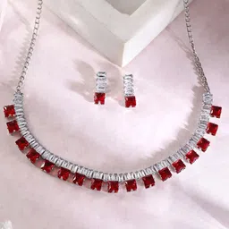 ORANGENYSHA Rhodium-Plated American Diamond Studded Jewellery Set-image-10