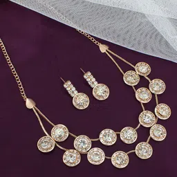 PRIVIU Rose-Gold Plated Layered American Diamond Stone-Studded Jewellery Set-picture-20