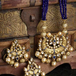 PANASH Gold-Plated Blue Kundan Studded Handcrafted Jewellery Set image 1