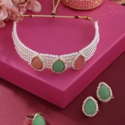 Zaveri Pearls Gold-Plated Multistrand Beaded Choker Necklace & Earrings With Ring image 1