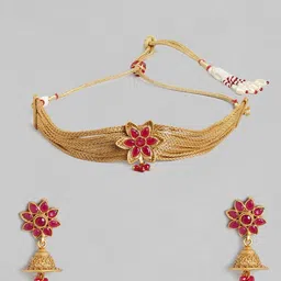 Kord Store Maroon Gold-Plated Stone-Studded Floral Jewellery Set image 1