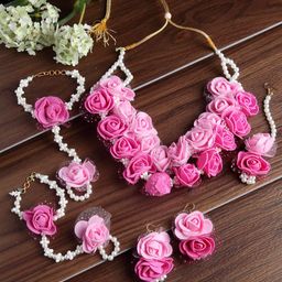 ZENEME Women Gold-Plated Gold-Toned Pink Floral Beaded Jewellery Set-picture-23