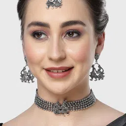 KARATCART Oxidised Silver-Plated Dulha-Dulhan Design Jewellery Set-picture-18
