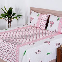 HANDICRAFT PALACE White & Pink Print 350GSM Cotton Double King Bed Cover & 2 Pillow Covers-picture-15