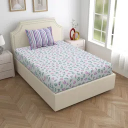 Salona Bichona Purple & White Floral 120 TC Single Bedsheet with 1 Pillow Covers-picture-24