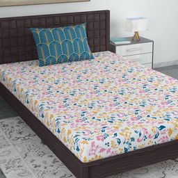 Divine Casa Pink & Yellow Floral 120 TC Single Bedsheet with 1 Pillow Cover-picture-25