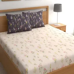 Srijee Decors Beige & Pink Floral 210 TC Fitted King Bedsheet With 2 Pillow Covers-picture-35