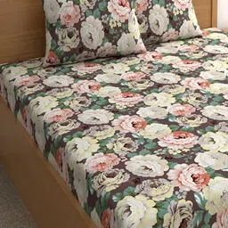 Srijee Decors Brown & Green Floral 210 TC Fitted King Bedsheet With 2 Pillow Covers-image-6