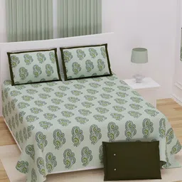 JAIPUR PRIME Green & Off White Ethnic Cotton 210 TC King Bedsheet with 2 Pillow Covers-picture-28