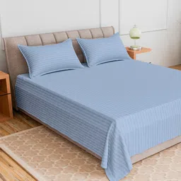 CURIOUS LIFESTYLE Blue Striped 300 TC Queen Bedsheet with 2 Pillow Covers-image-27
