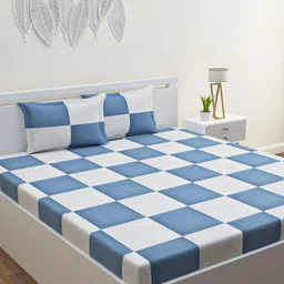 HAPPY HUES Blue & White Geometric 120 TC Queen Bedsheet with 2 Pillow Covers-picture-11