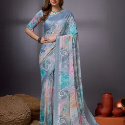 Mitera Floral Printed Woven Design Zari Pure Georgette Saree image 1