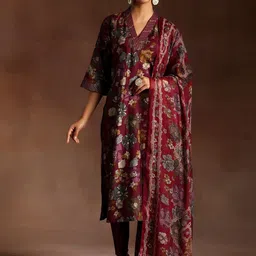 Libas Burgundy Floral Printed V-Neck Calf Length Straight Kurta With Trousers & Dupatta-image-15