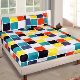 Aura Blue & Yellow Geometric 144 TC Microfiber Queen Bedsheet With 2 Pillow Covers-picture-15