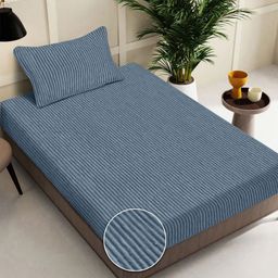 FABINALIV Blue Striped Woollen 300 TC Single Bedsheet Set 2.5 m x 2.25 m-picture-6