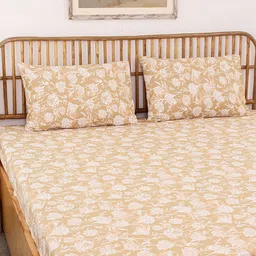 House This Genda Phool Beige Floral Cotton 144 TC Single Bedsheet with 1 Pillow Cover-picture-30