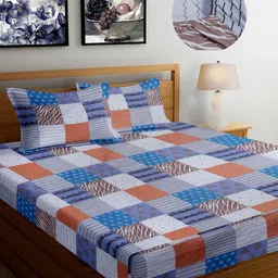 FABINALIV White & Blue Geometric 300 TC Fitted King Bedsheet With 2 Pillow Covers-image-49
