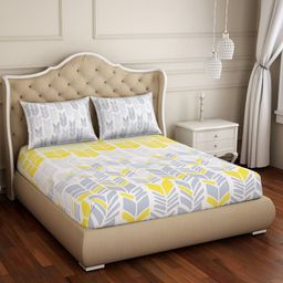 SPACES  Atrium Plus Yellow Geometric 210 TC Cotton Queen Bedsheet & 2 Pillow Covers-picture-6