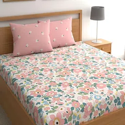 Srijee Decors Pink & White Floral 210 TC Fitted King Bedsheet With 2 Pillow Covers-image-50