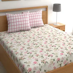 Srijee Decors Pink & White Floral 210 TC Fitted King Bedsheet With 2 Pillow Covers-image-51