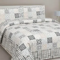 MAFATLAL White & Black Ethnic Motifs 210 TC King Bedsheet with 2 Pillow Covers-image-19