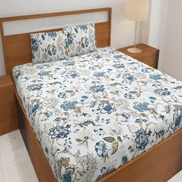 Srijee Decors Blue & White Floral 250 TC Fitted King Bedsheet With 2 Pillow Covers-image-54