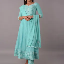Utsav Fashion Block Printed Art Silk Round Neck Anarkali Suit-picture-39
