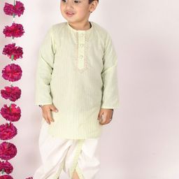 Little Bansi Boys Green Embroidered Pure Cotton Kurta with Salwar & With Dupatta-picture-0