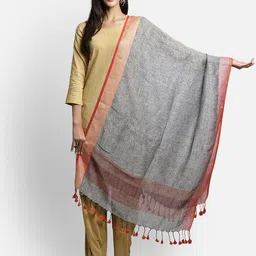THE WEAVE TRAVELLER Grey & Red Linen Dupatta with Zari-image-71