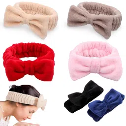 blue beads Spa Headband for Women, Facial Makeup Headband Soft Coral Fleece Cosmetic Headband for Women Girls Bow Hair Band Head Wraps for Washing Face Mask Spa Shower Gifts ( RANDOM COLOUR) (FB03) 2PCS image 1