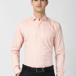 Peter England Elite Men Peach-Coloured & Black Checked Pure Cotton Formal Shirt-picture-51
